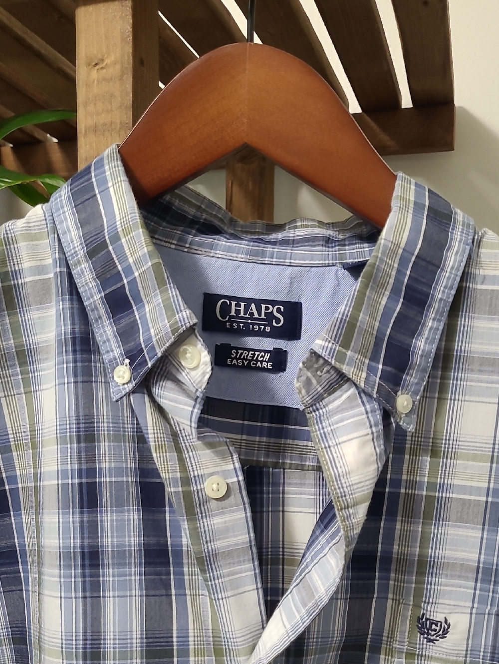 Men's Green and Blue Plaid Chaps Button Down - Picture 2 of 6
